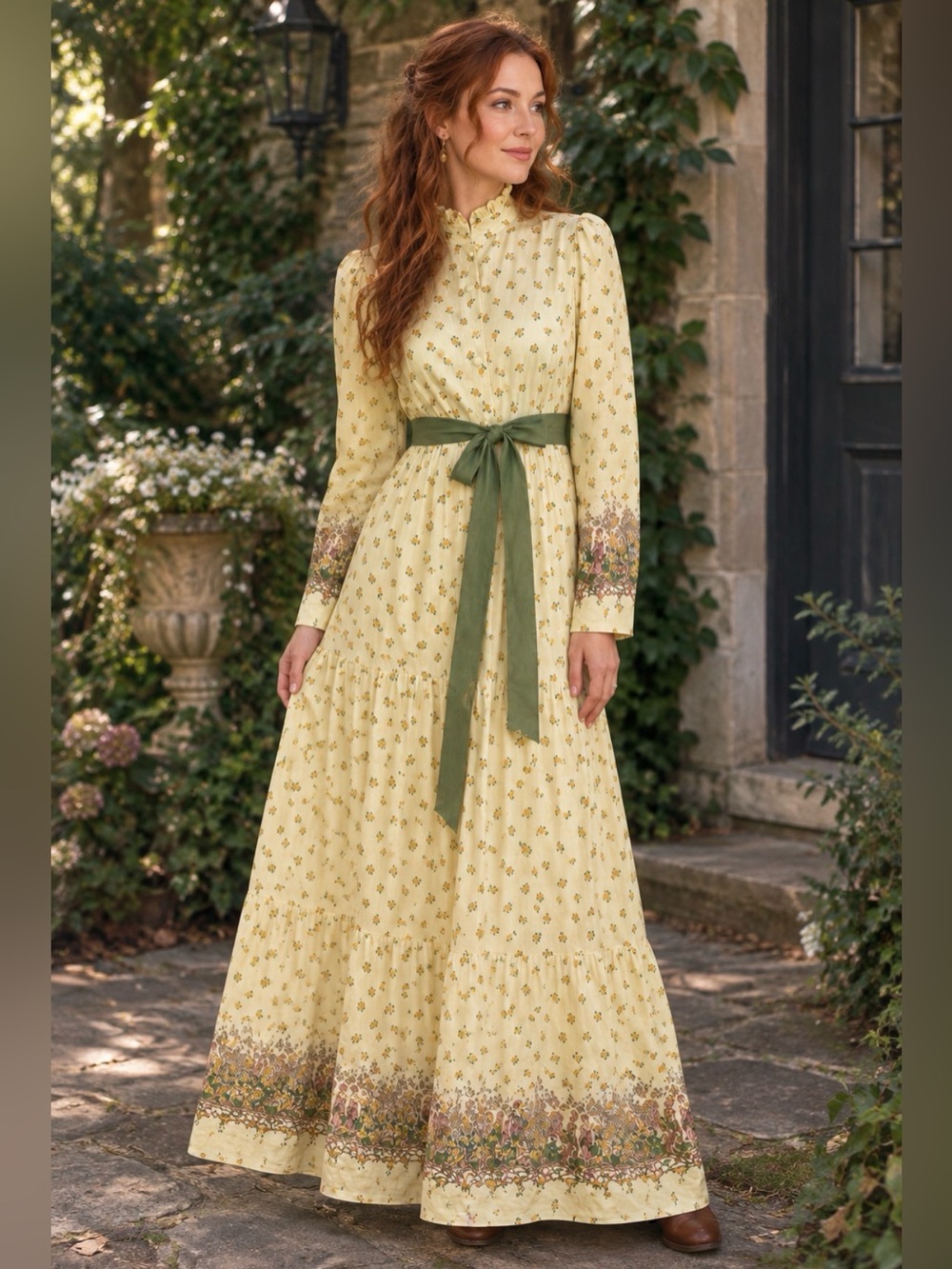 70s Holly Gloria Moret of California Ruffle Neck Prairie Maxi Gown Size 13/14
